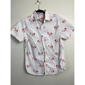 Denim & Flower Short Sleeve Santa Red White Button Up Shirt Men Small Cotton